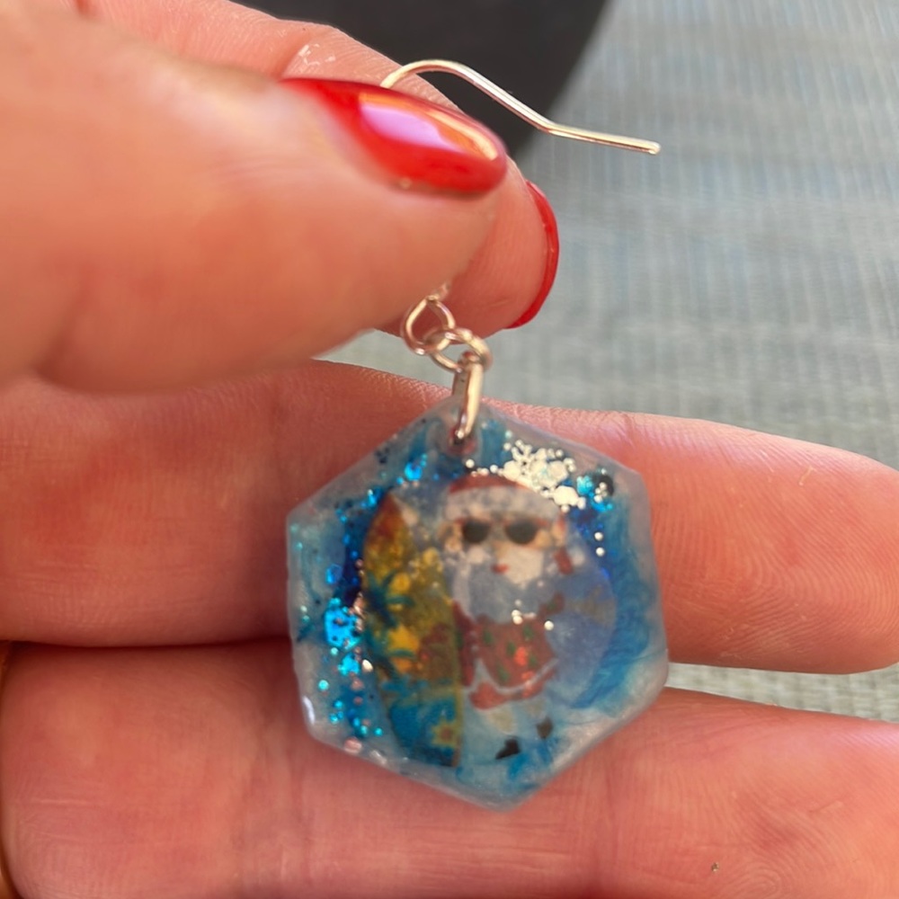 XMAS Handmade Festive Small Holiday Vibes Earrings Blue hexagon - Picture 5 of 13